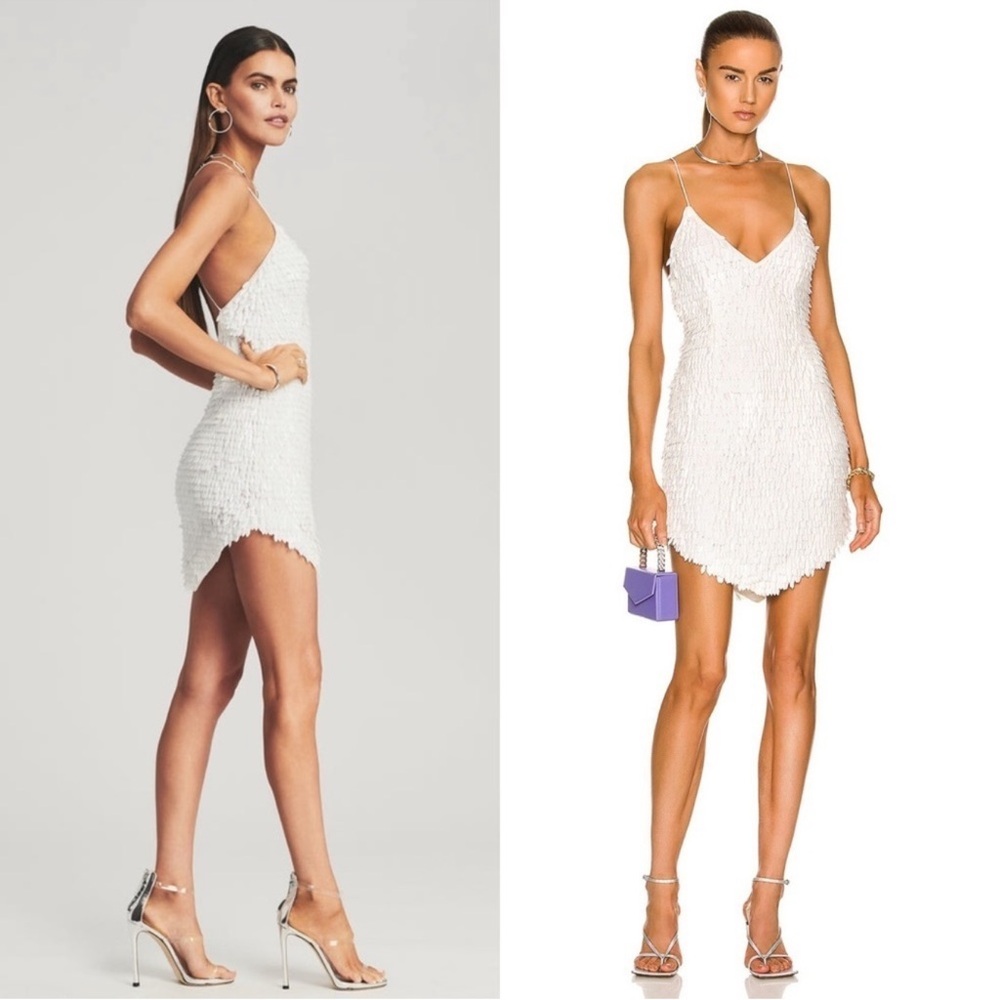 NWT RETROFETE Feather Sequin Sleeveless V-Neck Crisscross Back Mini Slip Dress L